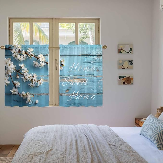 Farmhouse Wooden Grain Tier Curtains, Vintage Shabby Chic Flower Blue Light - Image 4