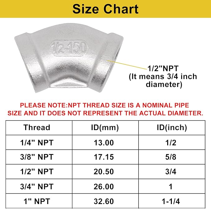 45 Degree Elbow 2PCS, 1/2" NPT Female x 1/2" NPT Female 304 Stainless Steel - Image 2