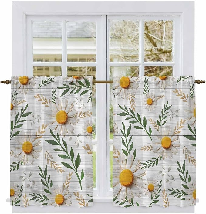 Spring Daisy Tier Curtains, Farmhouse Country Flower Leaf Plant Wood Grain by Unknown