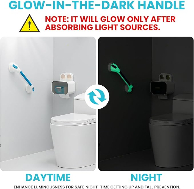 TAILI Shower Grab Bar Glow in The Dark, 16.8 in Grab Bars for Bathtubs, Shower Handles Bath Rails for Seniors and Elderly, Bathroom Safety Grip Removable No Drilling Waterproof Blue