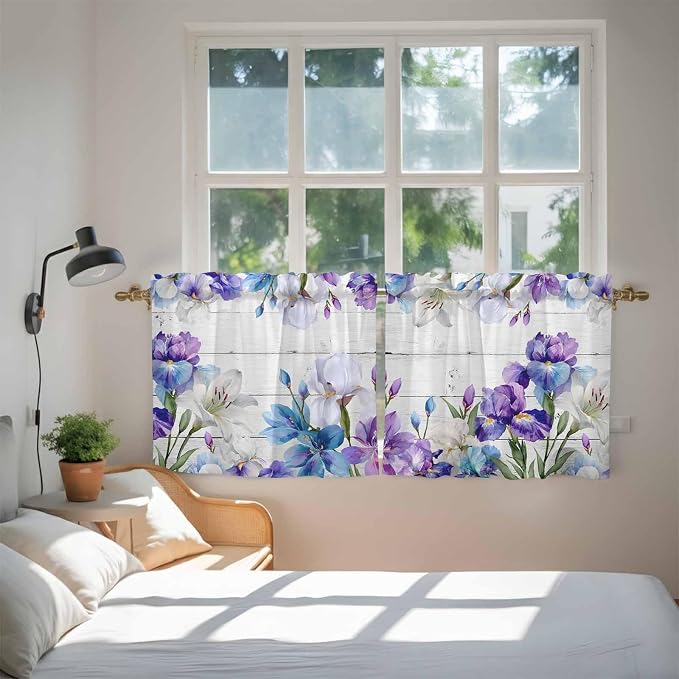 Spring Flowers Tier Curtains, Watercolor Garden Florals Wooden Grain Light - Image 4