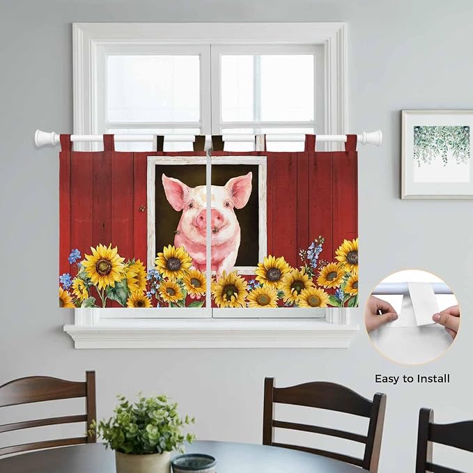 Pigs Sunflowers Kitchen Curtains 36 Inch Length, Small Window Curtains Tab Top - Image 4