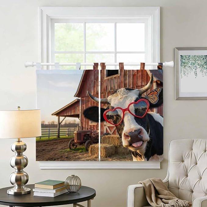 Farm Cows Bedroom Curtains 63 Inch Length, Window Curtains Tab Top, Farmhouse - Image 2