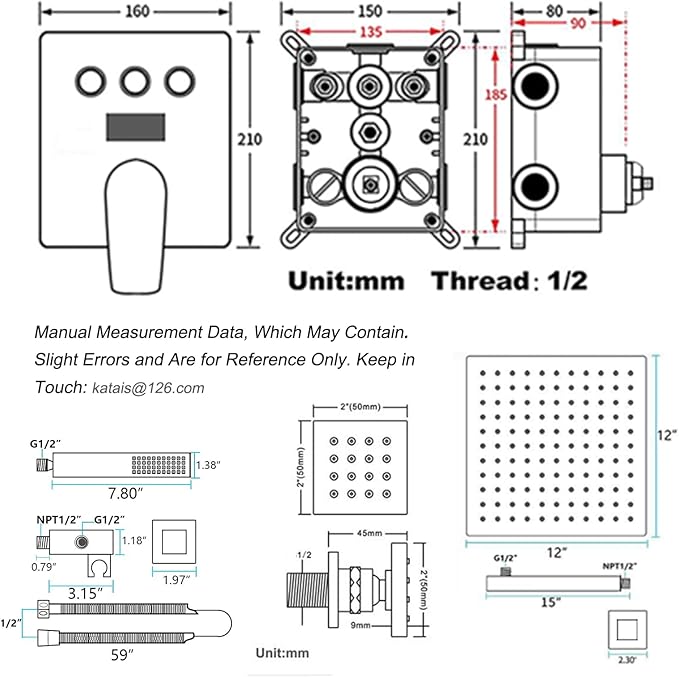 Shower Faucet Set Polished Chrome Shower System Luxury 12 Inch Wall Mounted Full Body Shower System with Body Jets and Handheld Spray, Water Temperature Display Shower Fixtures