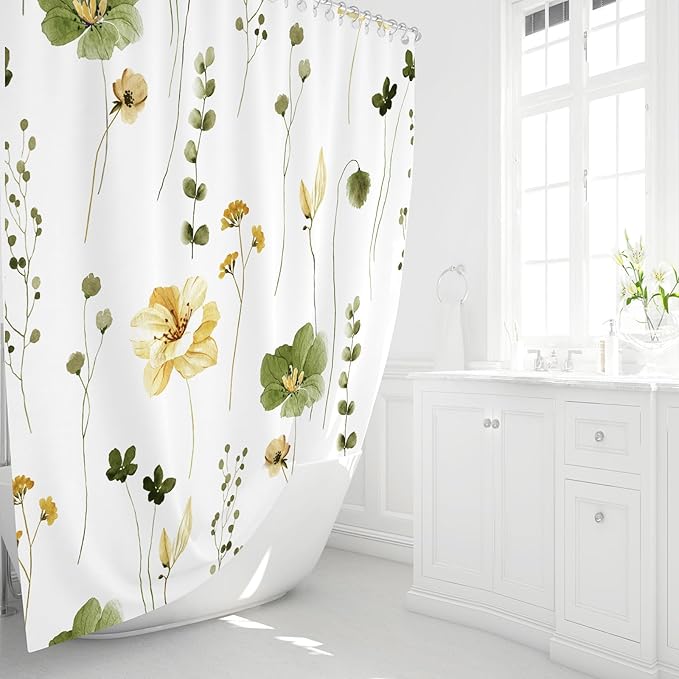 Gibelle Watercolor Floral Shower Curtain, Olive Green Beige Flower Shower Curtain for Bathroom, Modern Minimalist Waterproof Fabric Shower Curtain Set 72x72 Inch