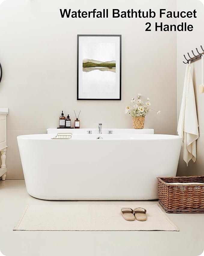 Waterfall Bathtub Faucet Set, Chrome Deck Mount Tub Faucet High Flow Brass Bath Tub Faucets 6-16 Inch 2 Handle Widespread Roman Tub Faucet 3.25 gal/Min Psi 60 1/2" Water Supply Line No Leaks
