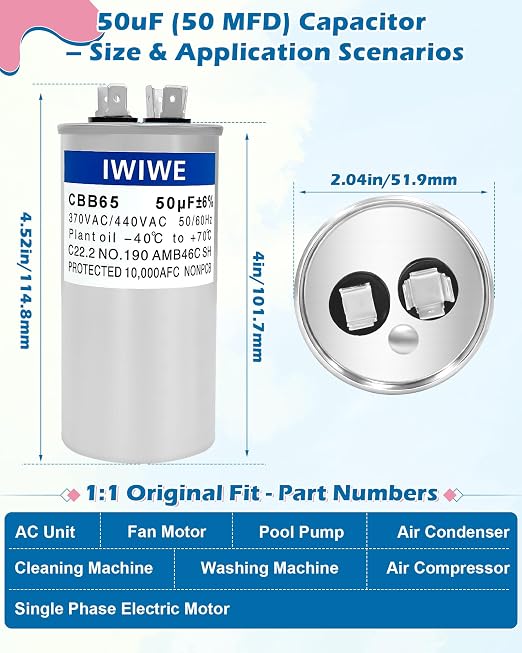 IWIWE 50uF ±5% 370/440/450VAC CBB65/CBB65B Run Start Capacitor - Image 2