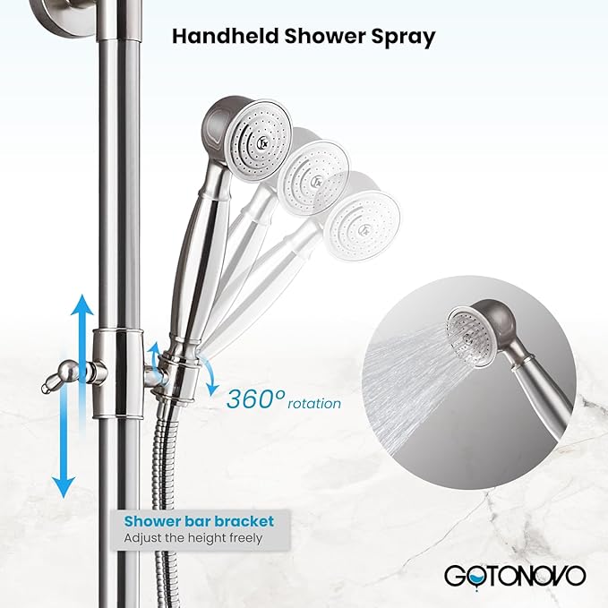 gotonovo Bathroom Classic Exposed Shower Faucet Wall Mount Shower System 8 Inch Luxurious Rainfall Shower Head Set with Tub Spout and Handheld Spray Double Cross Handles Brushed Nickel