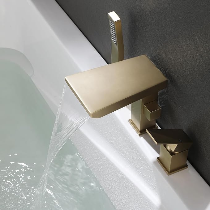 Waterfall Roman Tub Faucet with Hand Shower, Deck Mount Tub Filler Bathtub Faucet with Sprayer, Brass Widespread 3 Hole Bathtub Shower Faucet Set, Brushed Gold
