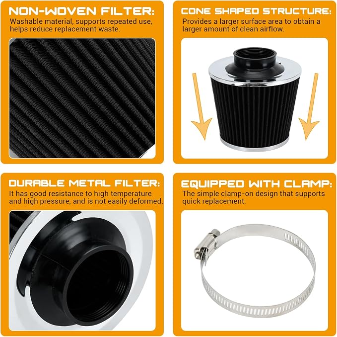 PTNHZ Universal Balck 2.5" 63mm High Flow Cold Air Intake Cone Air Filter Power - Image 3