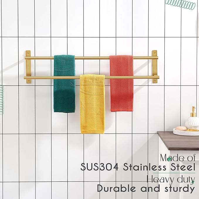 KOKOSIRI 32 Inch Bathroom Towel Racks Double Towel Bar Bath Towel Holder Towel Hanger Towel Shelf Wall Mount Stainless Steel Brushed Gold B5010BG-L32