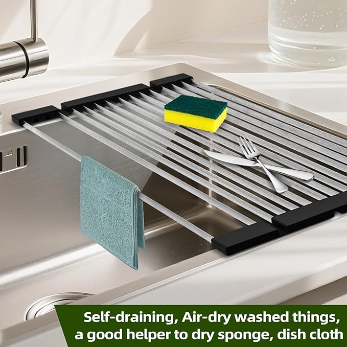 GAViA Roll Up Dish Drying Rack Over The Sink Drying Rack Stainless Steel Sink Drying Rack Kitchen Dishes Drying Mat Foldable Dish Drainer Rack Kitchen Sink Organizer Accessories