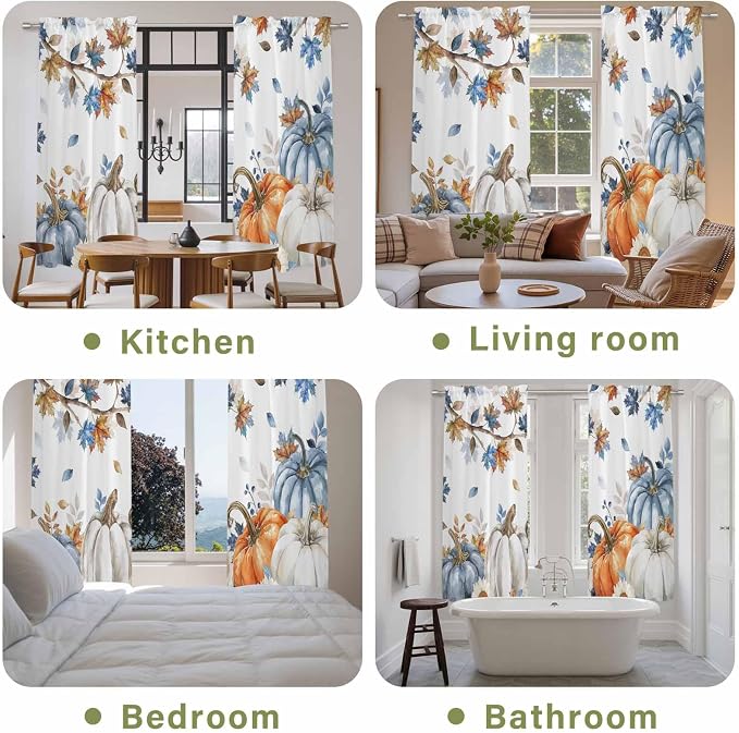 Navy Blue Pumpkin Fall Window Curtains 72 Inch Long 2 Panel Set, Rod Pocket - Image 8