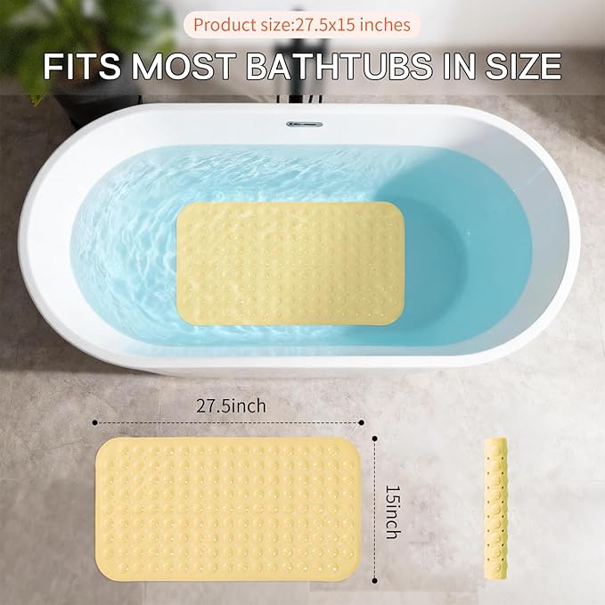 Anti-Slip Bathtub Shower mat, 27.5×14.5（Approximately 70×37cm） inch Soft Oversized Machine Washable Non-Slip Bathtub mat with Drainage Holes, Bathroom Floor Suction Cup.（1-Opaque Light Yellow）