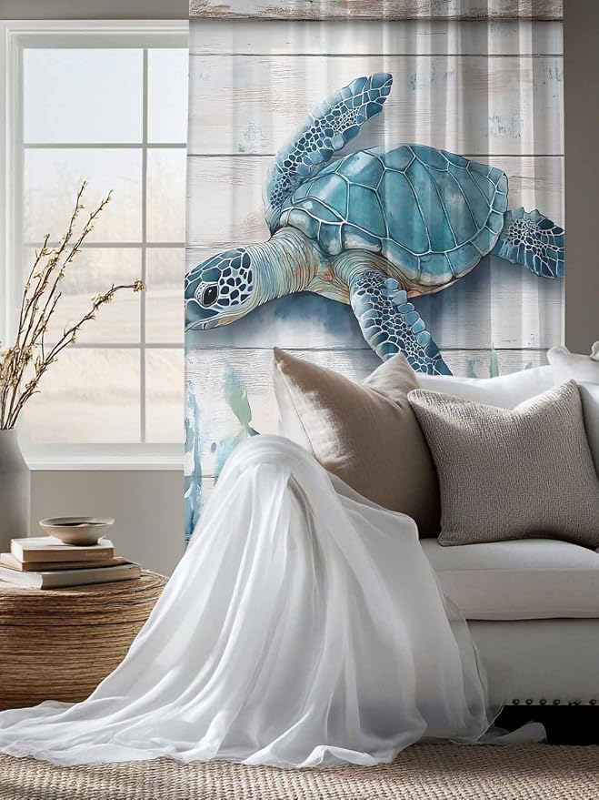 Sheer Curtains 63 Inch Length, Teal Green Sea Turtle Semi Sheer Curtains Light - Image 4