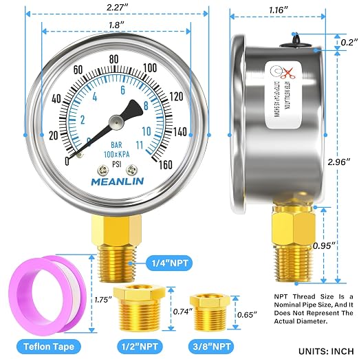 MEANLIN MEASURE 0~160Psi Dry Pressure Gauge Stainless Steel 1/4" NPT 2" FACE - Image 2