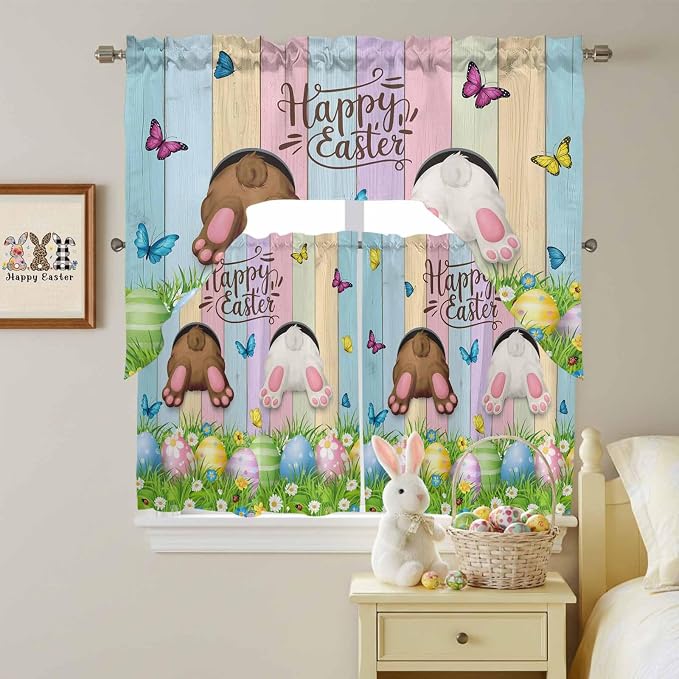 Swag Valance Curtains, Happy Easter Rabbit Butt Egg on Daisy Leaf Rod Pocket - Image 8