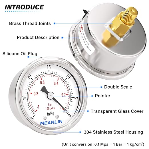 MEANLIN MEASURE -30inHG~0Psi Vacuum Gauge Stainless Steel 1/8" NPT 2" FACE DIAL - Image 4
