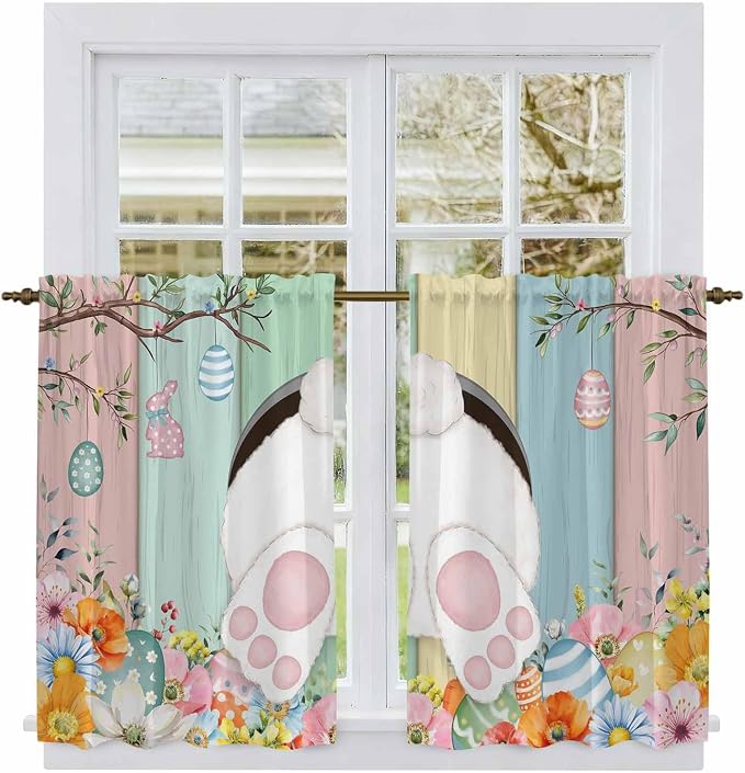 Easter Kitchen Curtains 45 Inch Long 2 Panel Set, Rod Pocket Window Treatment - Image 2