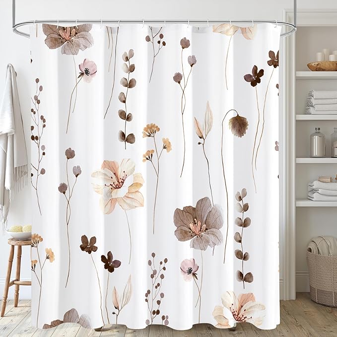 Gibelle Long Shower Curtain 72 x 78, Watercolor Floral Fabric Shower Curtain, Brown Beige Flower Decorative Bathroom Shower Curtain Set