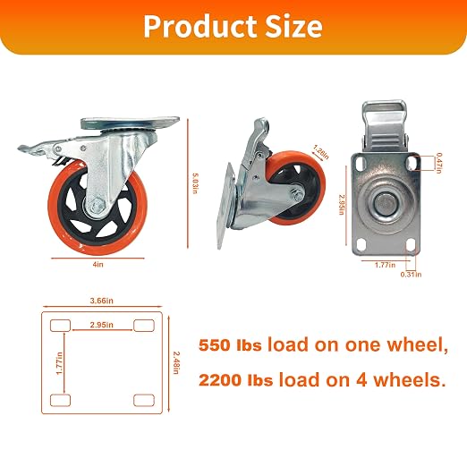 8 Pcs 4 Inch Heavy Duty Casters, - Image 2
