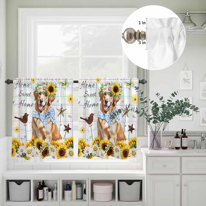 Kitchen Curtains Tiers and Valance Set of 3, Sunflowers Dog Light Filtering - Image 8