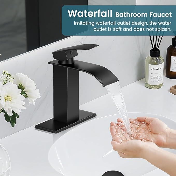 Bathroom Faucets Matte Black Waterfall Bathroom Sink Faucet Modern Single Handle Bathroom Faucet for 1 or 3 Hole Mxier Tap Washbasin Faucet with Deck, Pop-up Drain and Supply Hoses 2 Pack