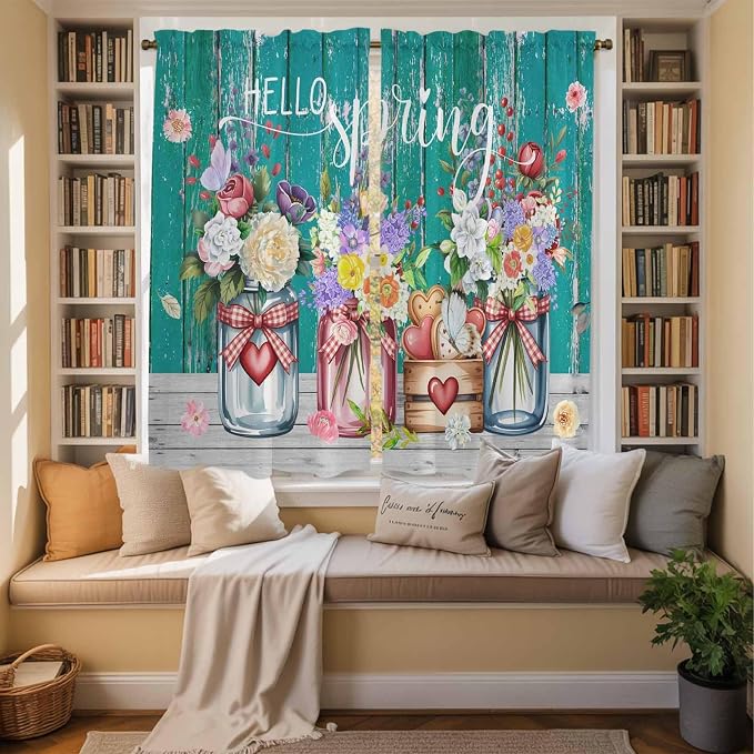Spring Flowers Kitchen Curtains, Farmhouse Watercolor Teal Wood Grain Light - Image 3