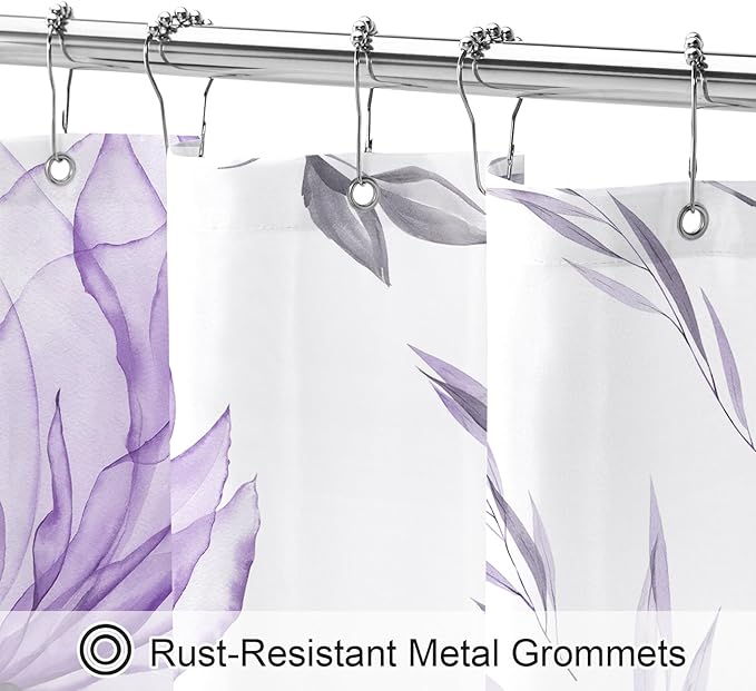 Purple and Grey Boho Watercolor Floral Shower Curtain, Ink Painting Style Blossom & Leaf Shower Curtains for Chic Elegant Bathroom, Artistic Fabric Cloth Flower Shower Curtain, 72x72