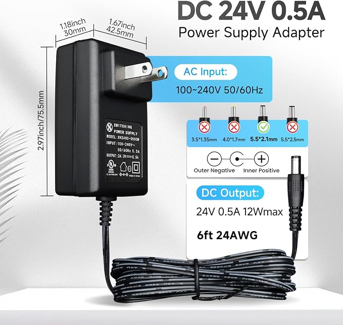 UL Listed 24V 0.5A 6ft Extra Long Power Supply Adapter - Image 2