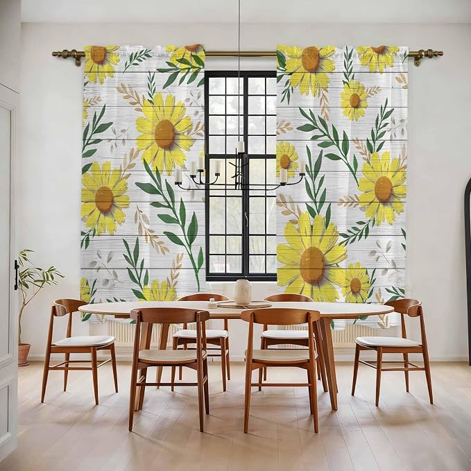 Yellow Daisy Kitchen Curtains, Farmhouse Country Flower Leaf Plant Wood Grain - Image 2
