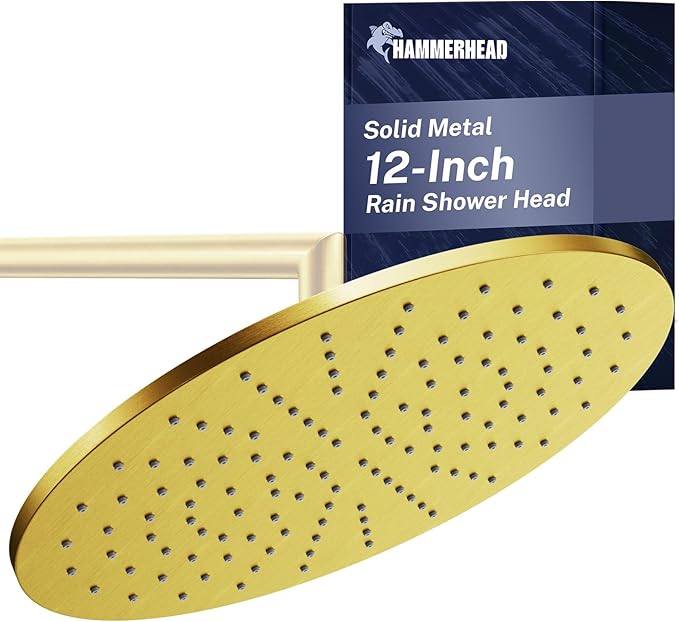 HammerHead Showers® Solid Metal 12 Inch Rainfall Shower Head, Large Rain Shower Head, 2.5 GPM High Flow Shower Head Optimized for Pressure, Wall-Mounted or Ceiling Rain Shower Head, Brushed Gold