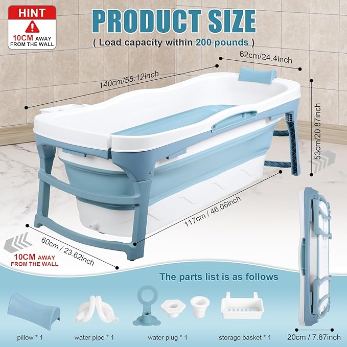 Portable Bathtub for Adult - Large 56'in Foldable Collapsible tub - Ergonomically Designed for the Ultimate Relaxing Soaking Bath. Ideal for Small Spaces - Quick,Folding Bathtub