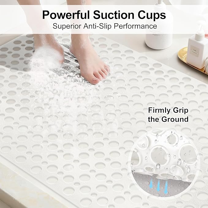 Non Slip Shower Mat with Suction Cups, 23.6x35.4 Inch Quick Drain TPE Anti Slip Shower Mats for Inside Shower, Large Bath Mat for Shower Soft on Feet, Easy to Dry&Cut Machine Washable