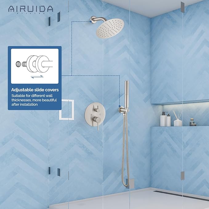 Airuida Shower Fixtures 2 Functions Shower Faucet Set Wall Mounted for Bathroom High Pressure Brass Handheld Shower with Rough-in Valve Round Rainfall 8 Inch Shower Head Brushed Nickel