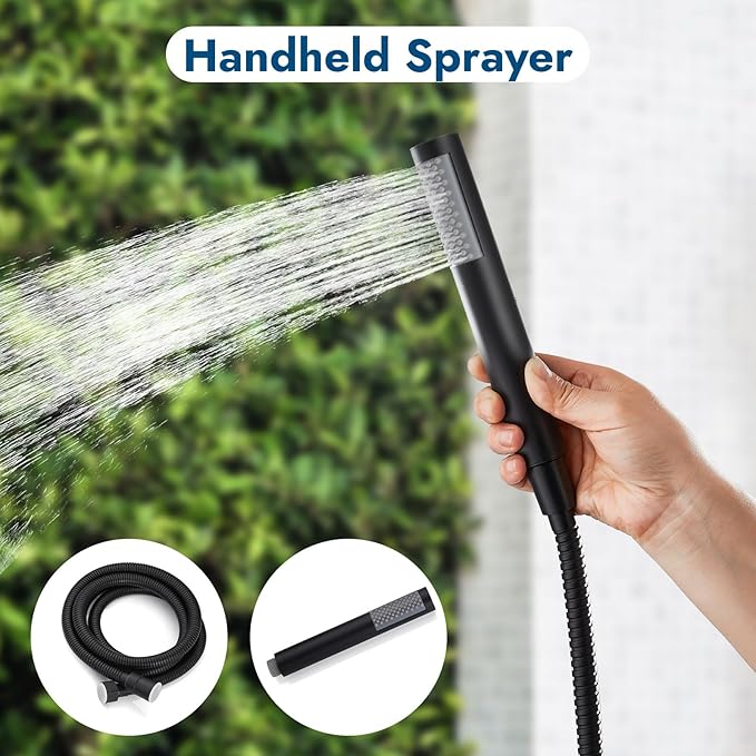 Matte Black Wall Mount Outdoor Shower Kit with Hand Held Spray Two Cross Handles with Adjustable Slide Bar Two Function Exposed Shower Faucet System