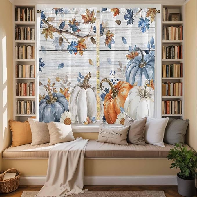 Thanksgiving Pumpkin Window Curtains 63 Inch Long 2 Panel Set, Rod Pocket - Image 3