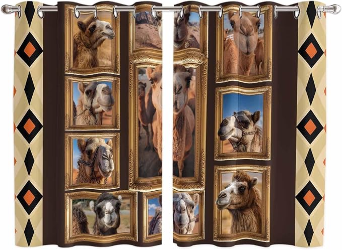 2 Panel Kitchen Cafe Curtains, Wildlife Camels Sunlight Filtering Nature Air by Hokiten