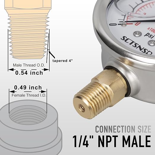 0 to 3000 Psi Pressure Gauge, Glycerin Liquid Filled, 2.5 inch Dial, 1/4" NPT - Image 5