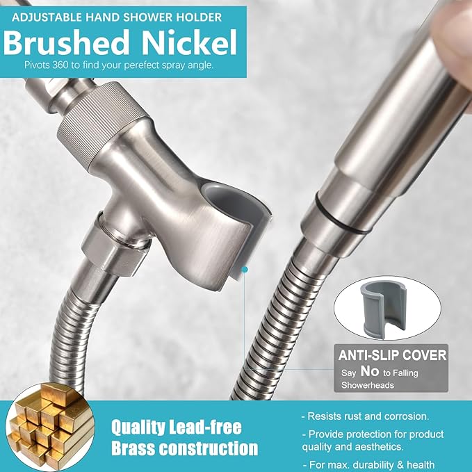 Shower Head Holder All Metal Adjustable Handheld Shower Arm Mount, 1/2" Shower Hose Holder Fits Most Hand Showerheads, Brass Hand Held Shower Head Holder , Easy to Install(Brushed Nickel)