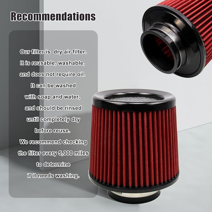 RYANSTAR RACING 76mm 3" High Flow Round Tapered Cone Cool Air Filter Cleaner - Image 6