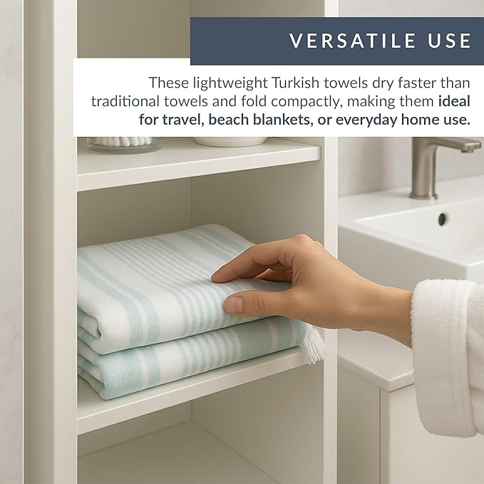 Maisonette Turkish Bath & Beach Towels - 2 Pack (36"x71"), Quick-Dry Cotton Peshtemal for Bath, Beach, Travel, Absorbent, Lightweight, Bathroom, Hammam, and Spa Towels with Eyelash Fringe, Blue (Aqua)