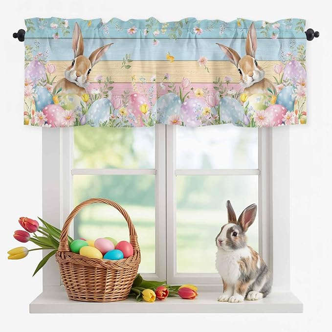 Kitchen Valances for Window, Spring Easter Eggs Rabbit Flower Light Filtering - Image 6