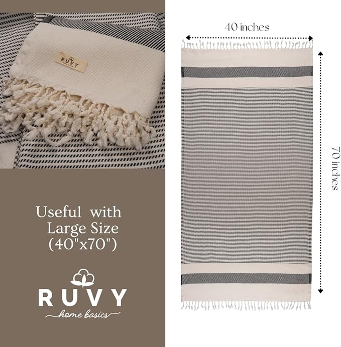 Ruvy Home Basics 2 Pack Turkish Beach Towels – Oversized Quick-Dry Bath Towels (40 x 72 Inches) – 100% Cotton Large Towels for Pool, Yoga, Travel, Camping Essentials, and Bathroom Decor - Black
