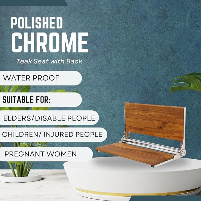 Folding Shower Seat Wall Mounted with Back | 500 lbs Maximum Load Capacity | ADA Compliant Safety Assist Teak Shower Seat for Seniors, Handicapped, and Children | 304 Stainless Steel Frame | 26” x 16”