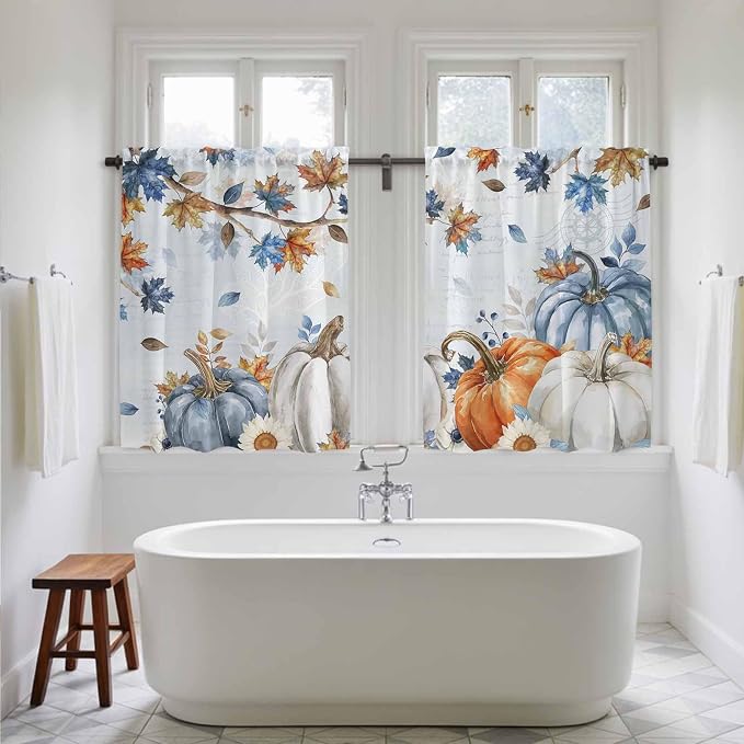 Fall Blue Maple Kitchen Curtains 45 Inch Long 2 Panel Set, Rod Pocket Window - Image 5