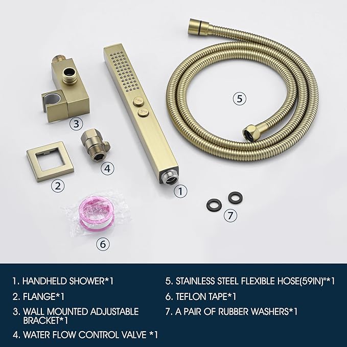 All-Metal High Pressure Square Handheld Shower Head with Jet Spray and Rainfall Modes, Volume Control Regulator, ON/OFF Switch, Hose and Wall Mounted Adjustable Bracket, Brushed Gold Color