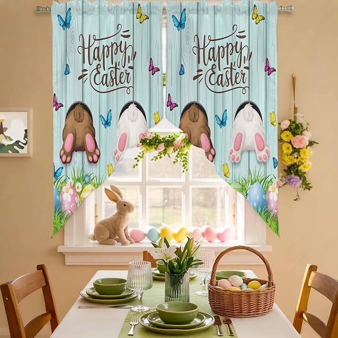 Swag Curtain Valances for Kitchen Windows, Happy Easter Bunny Butt Egg Floral by Unknown