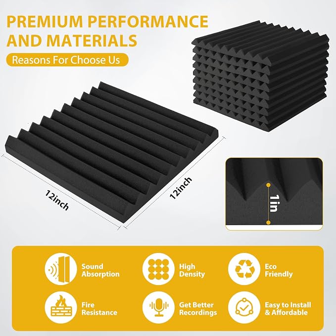 Acoustic Foam Panels 48 Pack 1" x 12"x 12" Saiqiang Black Soundproofing Panels - Image 2