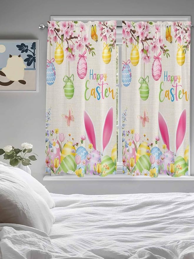 Happy Easter Bedroom Curtains 63 Inches length, Spring Farmhouse Bunny Eggs - Image 5